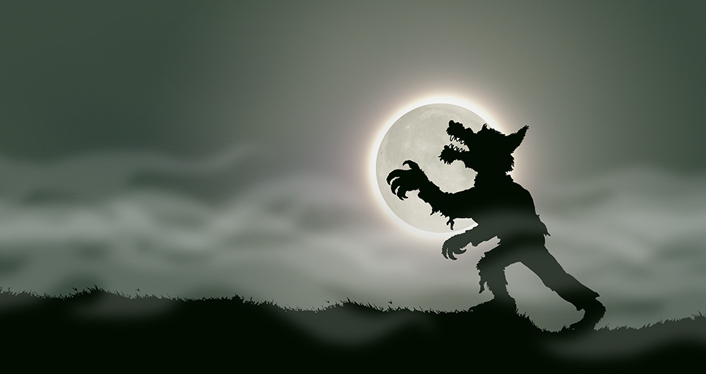 A werewolf in the moonlight. An illustration from Timothy Young's book They're Coming!