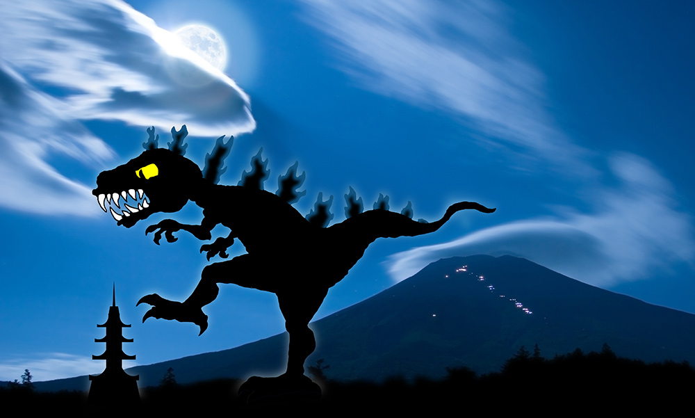 Godzilla stomps a pagoda.