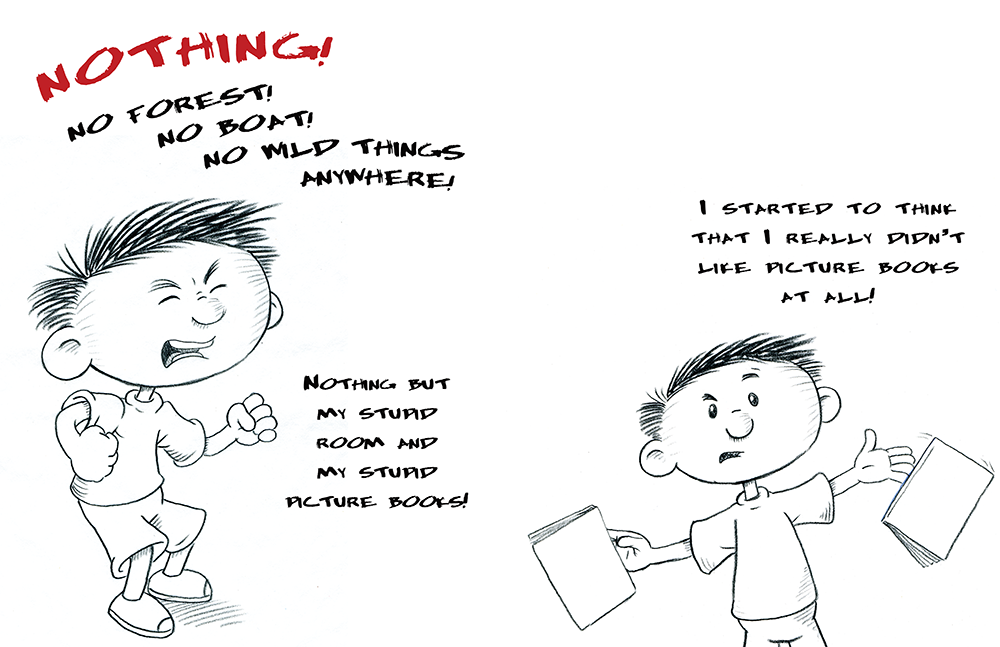 An early rough spread from author/illustrator Timothy Young's "I Hate Picture Books!"
