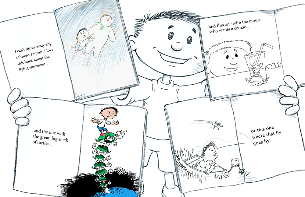 An early rough spread from author/illustrator Timothy Young's "I Hate Picture Books!"