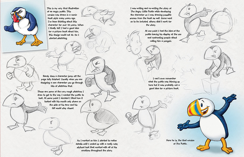 The puffin spread from author/illustrator Timothy Young's book More Creatures and Characters.