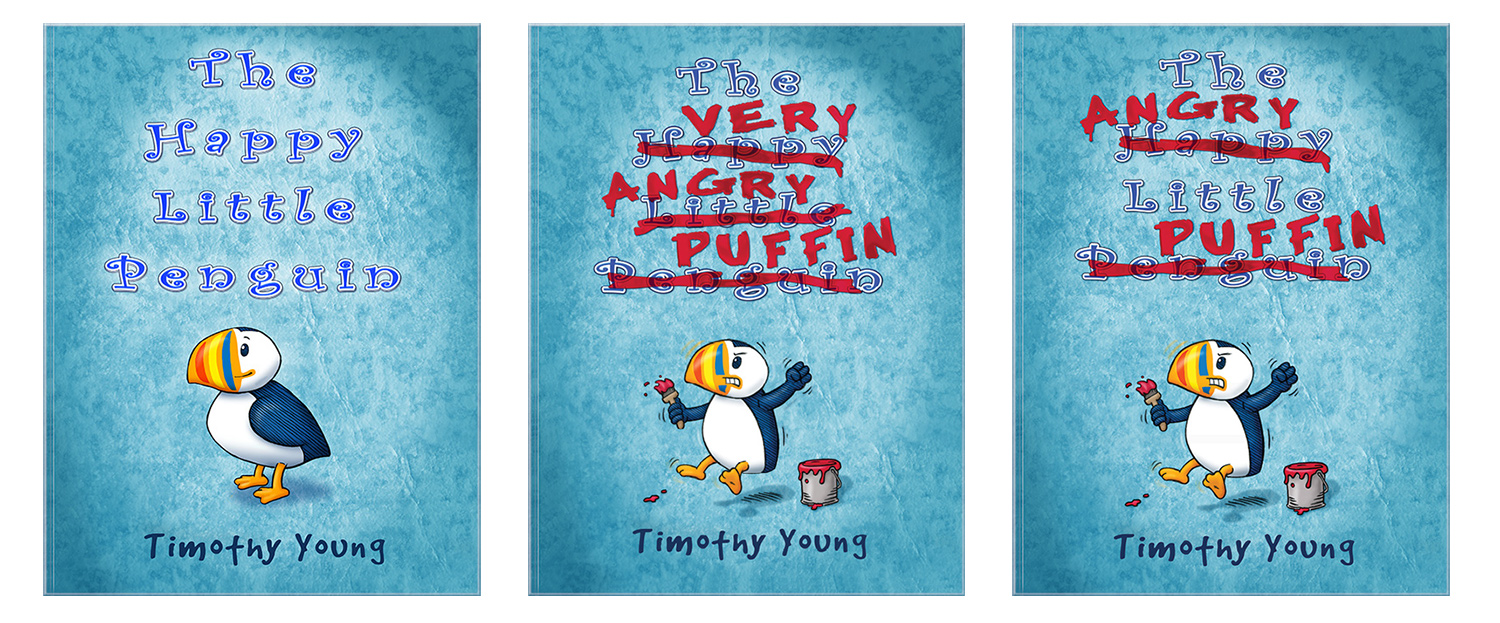 Alternate covers for author/illustrator Timothy Young's book The Angry Little Puffin