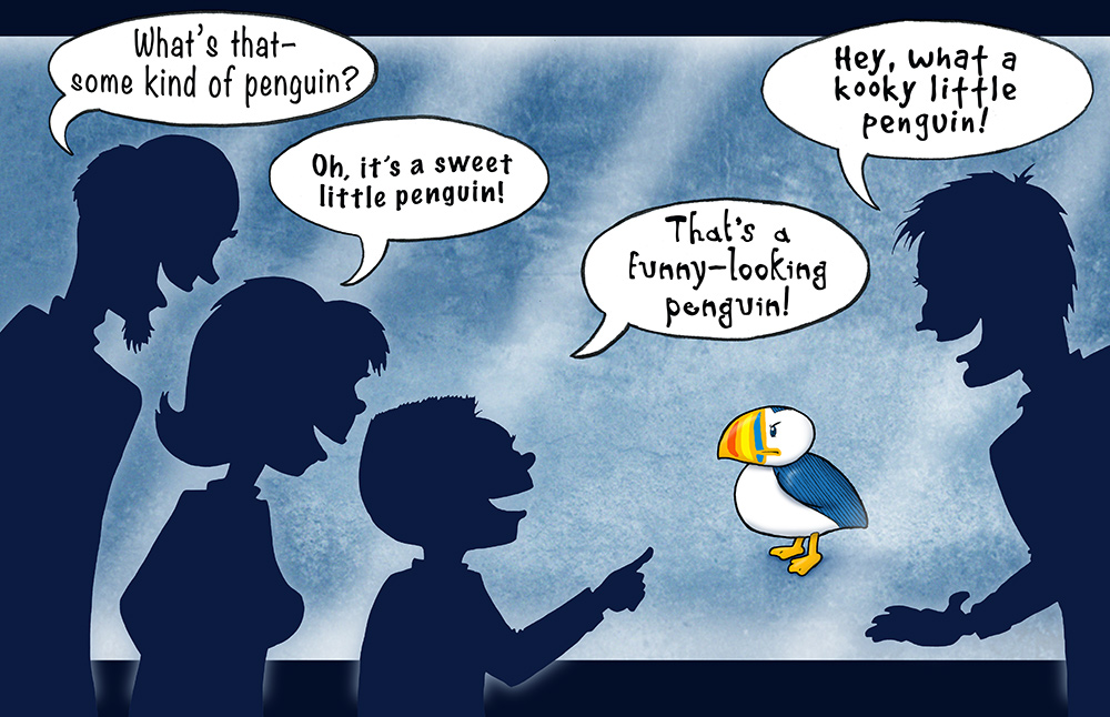 An illustration from author/illustrator Timothy Young's book The Angry Little Puffin