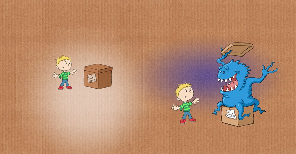 An early illustration in progress from author/illustrator Timothy Young's "Do Not Open The Box"