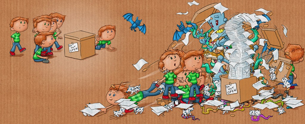 A combination of all of the spreads from author/illustrator Timothy Young's "Do Not Open The Box"