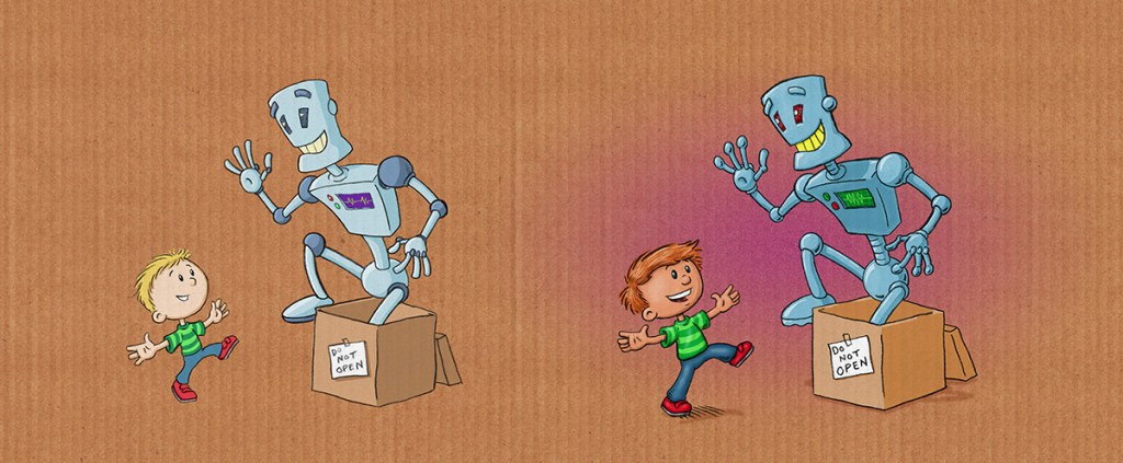 An early sketch of the robot, side by side with the final art from author/illustrator Timothy Young's "Do Not Open The Box"