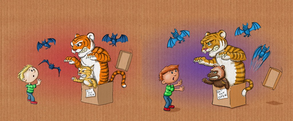 An early sketch of the tiger, side by side with the final art from author/illustrator Timothy Young's "Do Not Open The Box"