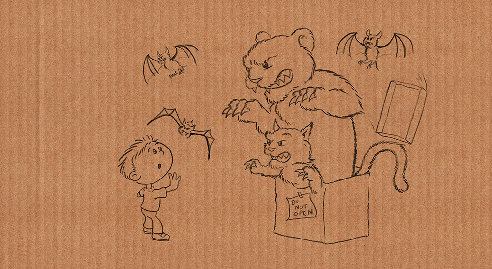 An early sketch from author/illustrator Timothy Young's "Do Not Open The Box"